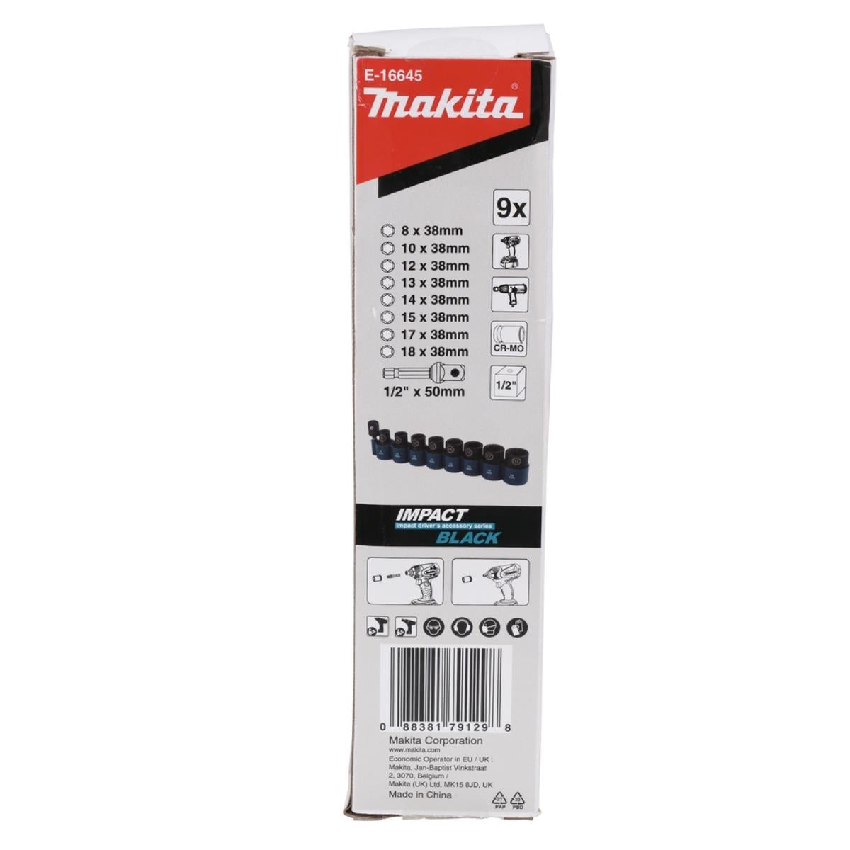 Makita E-16645 9 Piece 1/2'' Impact Socket Set with Hex Adapter