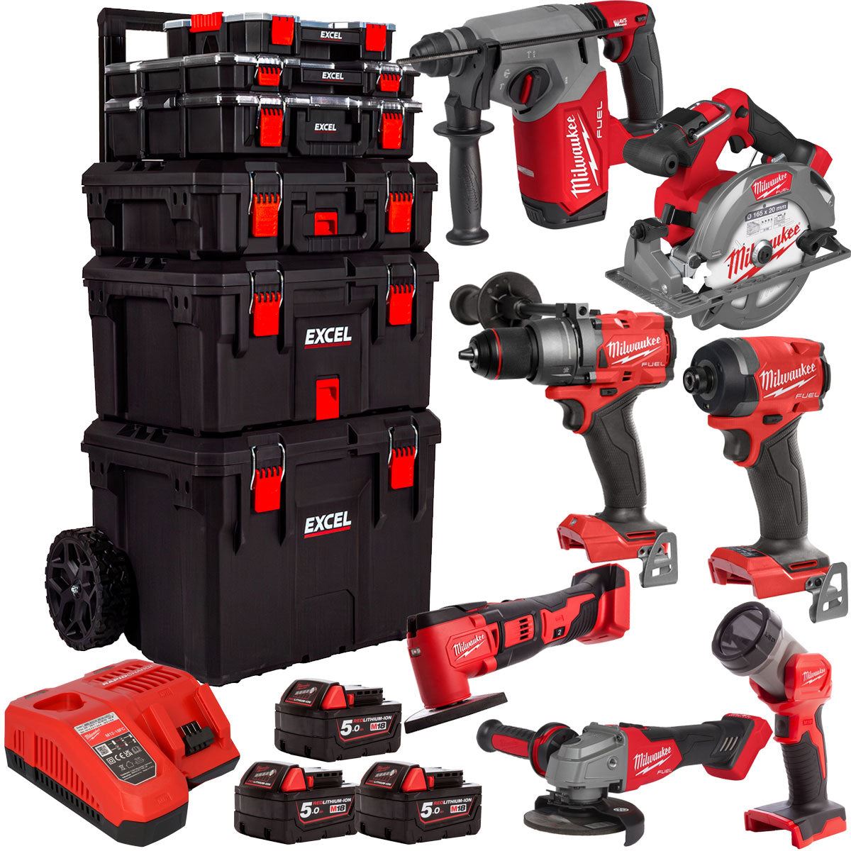 Milwaukee 18V 7 Piece Tool Kit with 3 x 5.0Ah Batteries & Trolley Toolbox