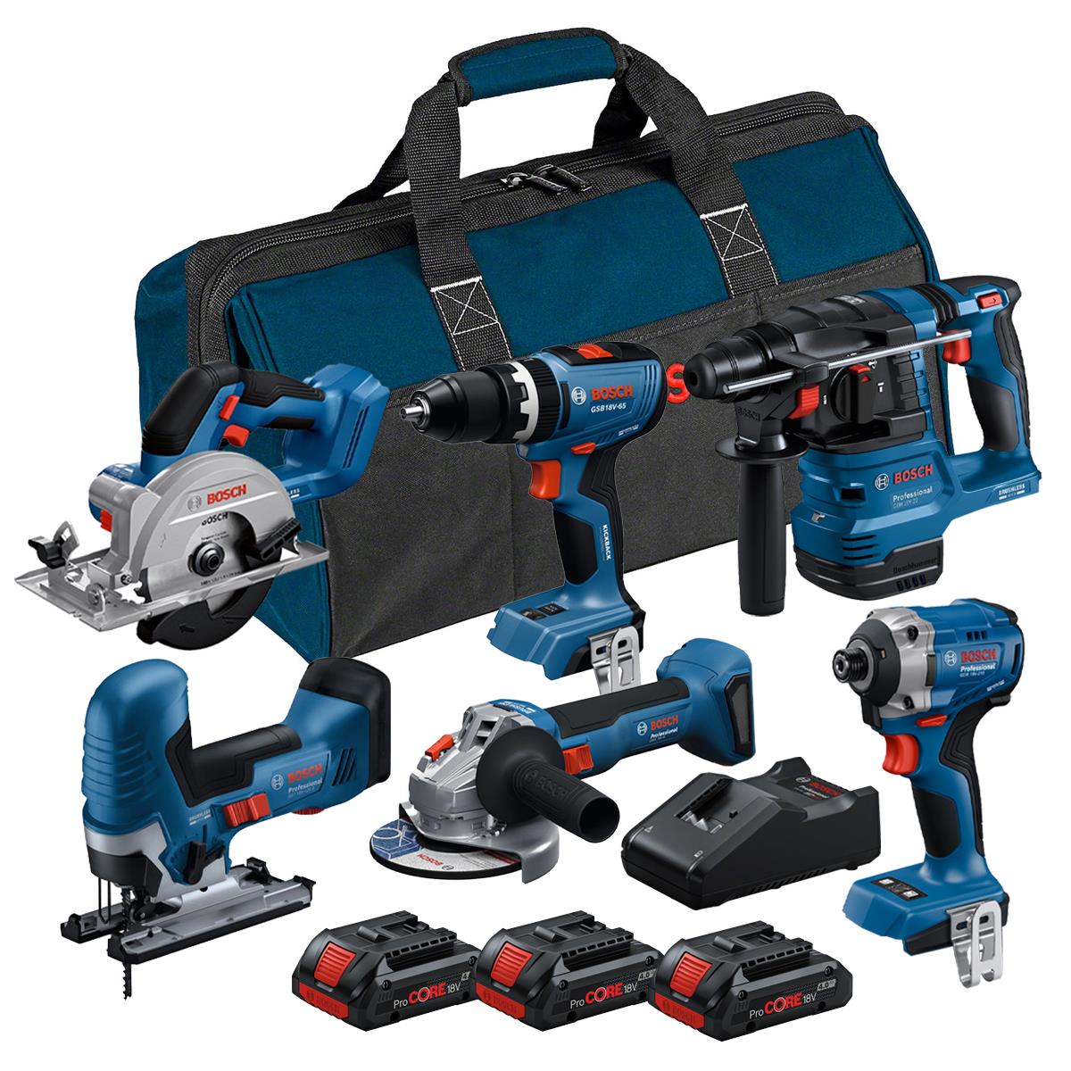 Bosch 0615A5008C 18V Brushless 6 Piece Tool Kit with 3 x 4.0Ah Battery, Charger & Tool Bag - Tool Supplier