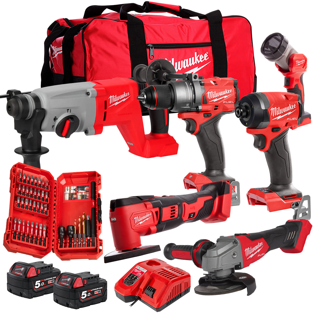 Milwaukee 18V 6 Piece Kit with 2 x 5.0Ah Batteries Charger & 40 Accessory Set T4TKIT-32236