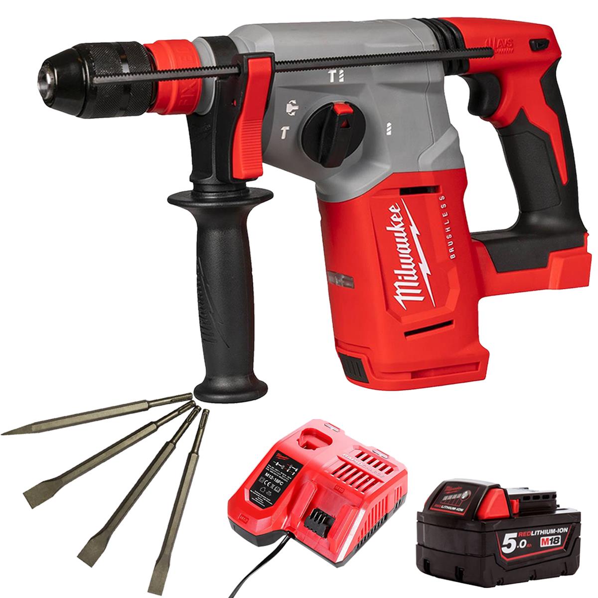 Milwaukee M18BLHX-0 18V Brushless 4-Mode SDS+ Hammer Drill With 1 x 5.0Ah Battery  Charger & 4 Piece Chisel Set