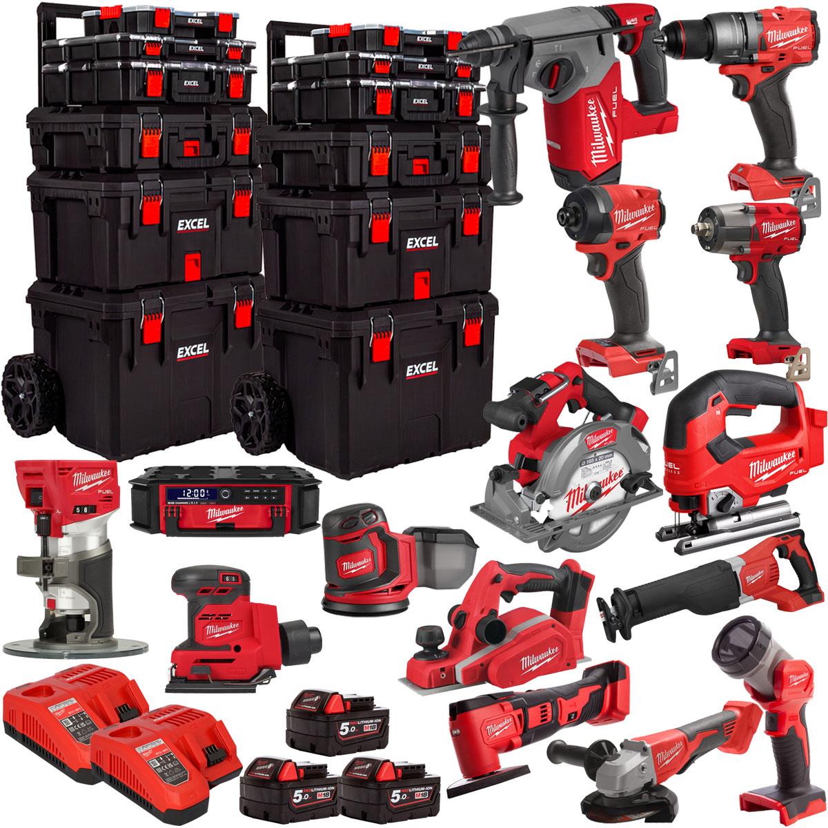 Milwaukee 18V 15 Piece Combo Kit with 3 x 5.0Ah Battery & Trolley Toolbox