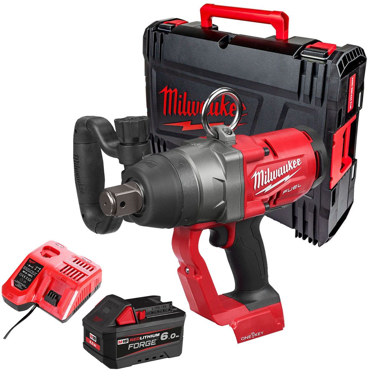Milwaukee M18ONEFHIWF1-0X 18V FUEL ONE-KEY 1" Impact Wrench with 1 x 6.0Ah Battery Charger & Case