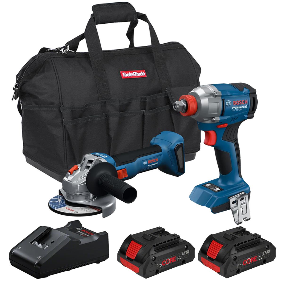 Bosch 18V Brushless Angle Grinder & Impact Wrench with 2 x 4.0Ah Battery Charger T4TKIT-28124 - Tool Supplier