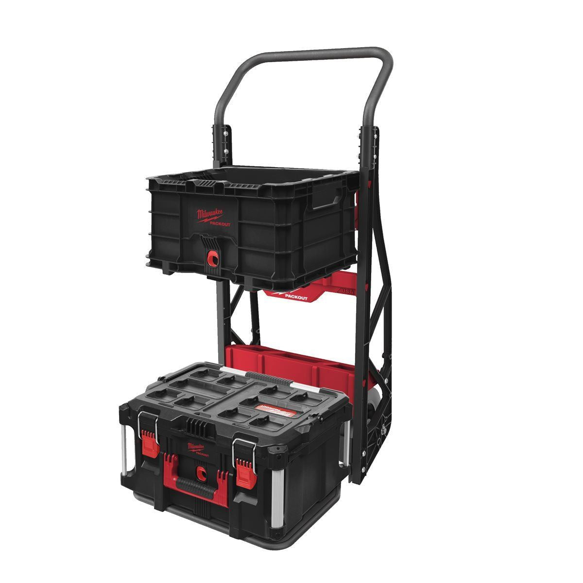 Milwaukee Packout 2 Wheeled Cart with Crate, Divider, XL Tool Box & Deep Organiser