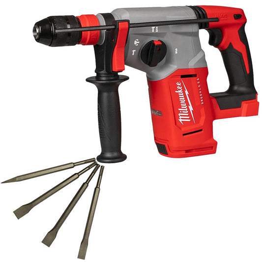 Milwaukee M18BLHX-0 18V Brushless 4-Mode SDS+ Hammer Drill With 4 Piece Chisel Set