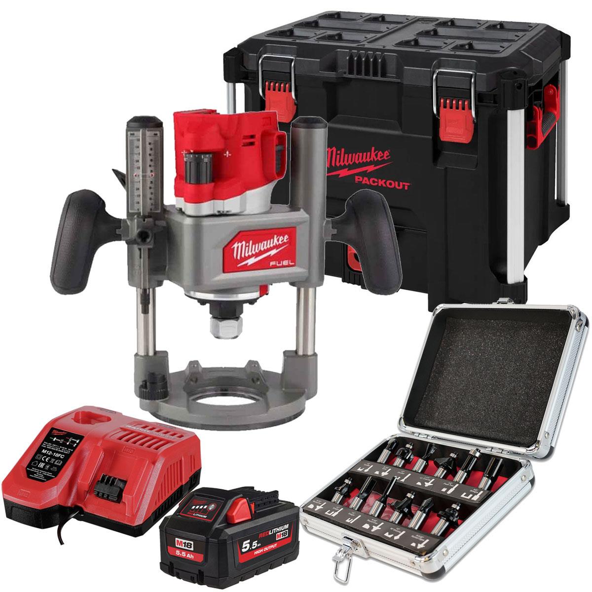 Milwaukee M18FR12KIT 18V Fuel Brushless 1/2" Router Cutter with 1 x 5.5Ah Battery Charger Case & 12 Piece Cutter Set