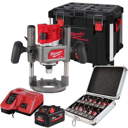 Milwaukee M18FR12KIT 18V Fuel Brushless 1/2" Router Cutter with 1 x 5.5Ah Battery Charger Case & 12 Piece Cutter Set