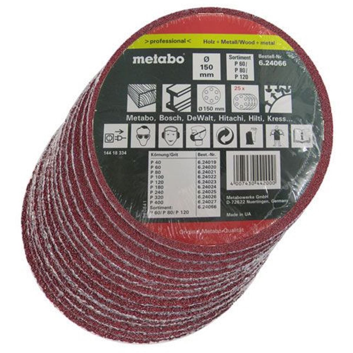 Metabo 624066000 150mm Orbital Hook & Loop Assorted Sanding Sheets Pack of 25