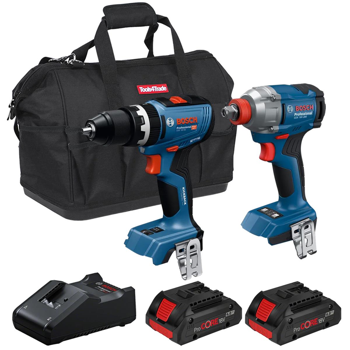 Bosch 18V Brushless Combi Drill & Impact Wrench with 2 x 4.0Ah Battery Charger & Bag T4TKIT-28122 - Tool Supplier