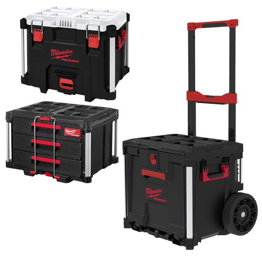 Milwaukee Packout Rolling Drawer Tool Box Trolley With 3 Drawer Tool Box & 38L XL Cooler