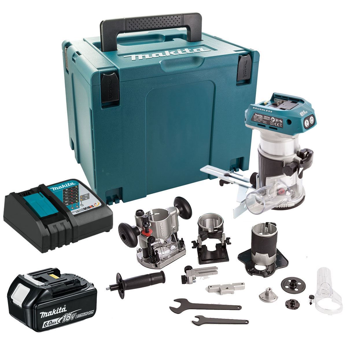 Makita DRT50ZJX3 18V LXT Brushless 1/4" Router Trimmer Body with 1 x 6.0Ah Battery Charger & Case