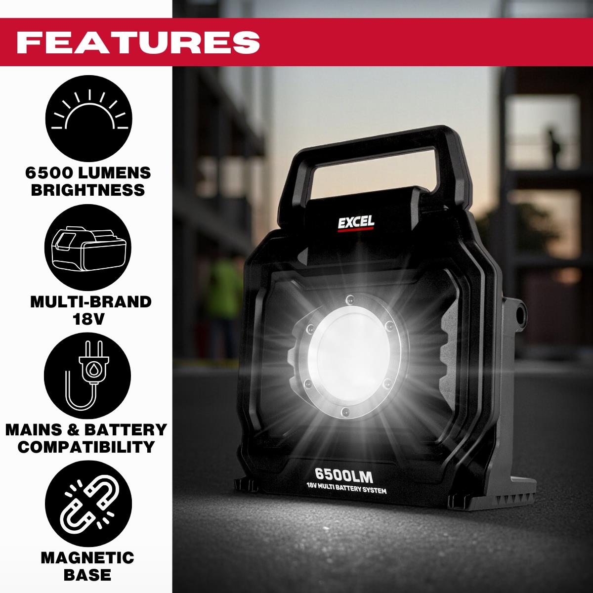 Excel 18V/240V LED Work Light 6500 Lumens with Makita 1 x 3.0Ah Battery & Charger