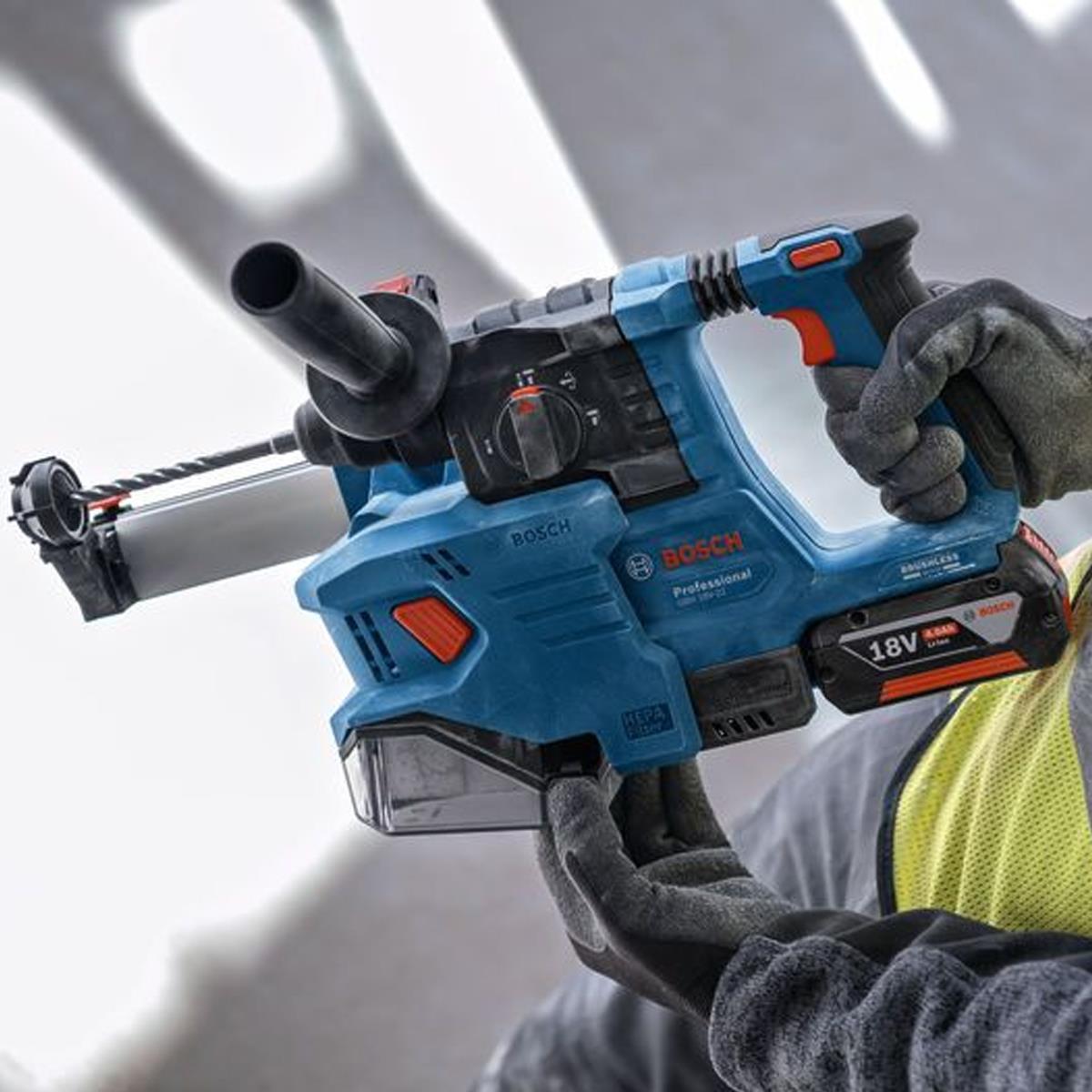 Bosch GBH 18V-22 X 18V Brushless SDS+ Rotary Hammer with 1 x 4.0Ah Battery, Charger & GDE 18V-12 Dust Extractor Attachment