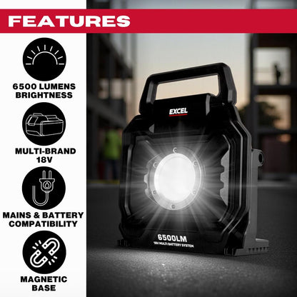Excel 18V/240V LED Work Light 6500 Lumens with Dewalt 1 x 4.0Ah Battery & Charger