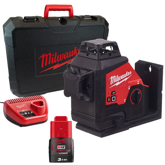 Milwaukee M123PL-0C 12V 360° 3-Plane Green Laser with 1 x 3.0Ah Battery Charger & Case
