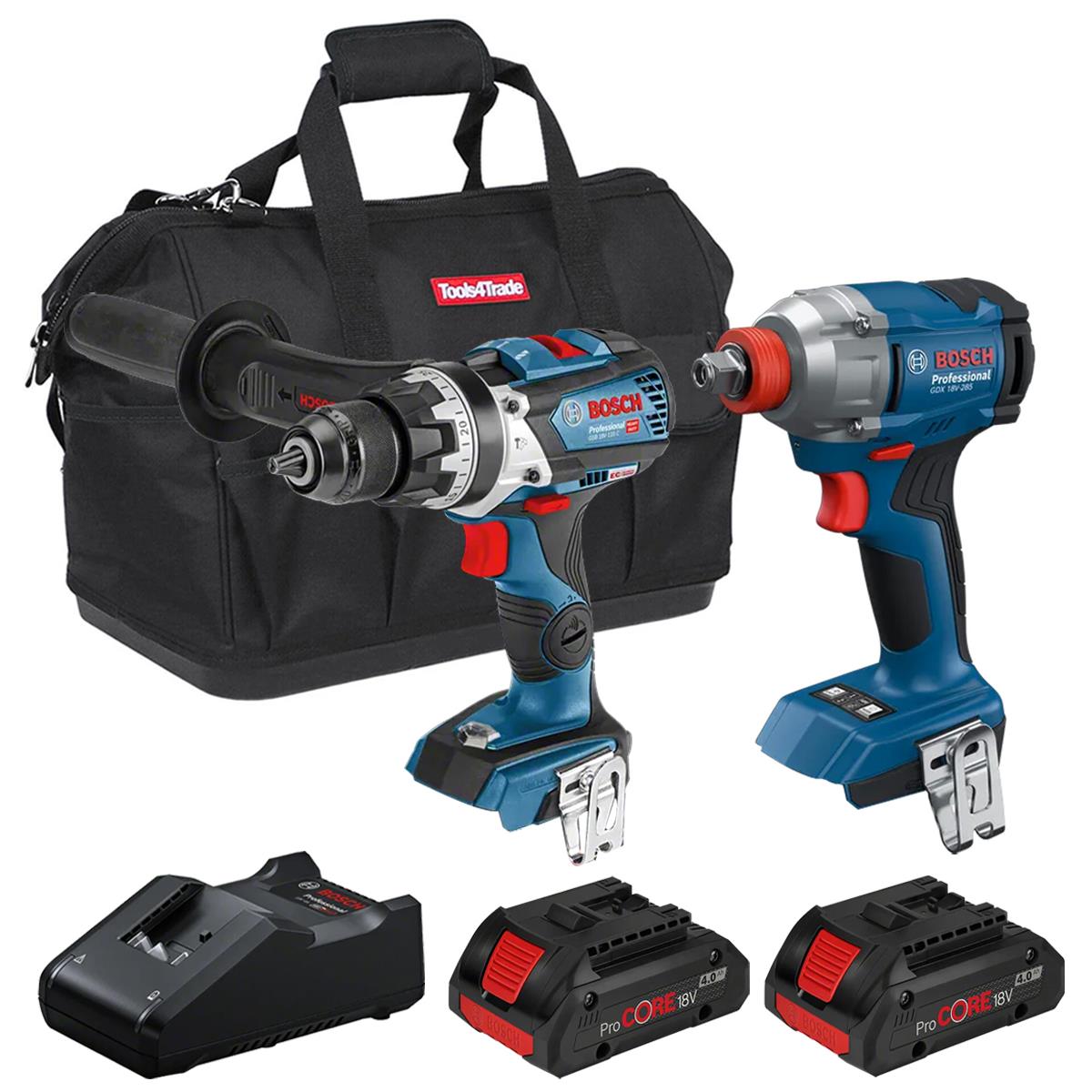 Bosch 18V Brushless Combi Drill & Impact Wrench with 2 x 4.0Ah Battery Charger & Bag T4TKIT-28123 - Tool Supplier