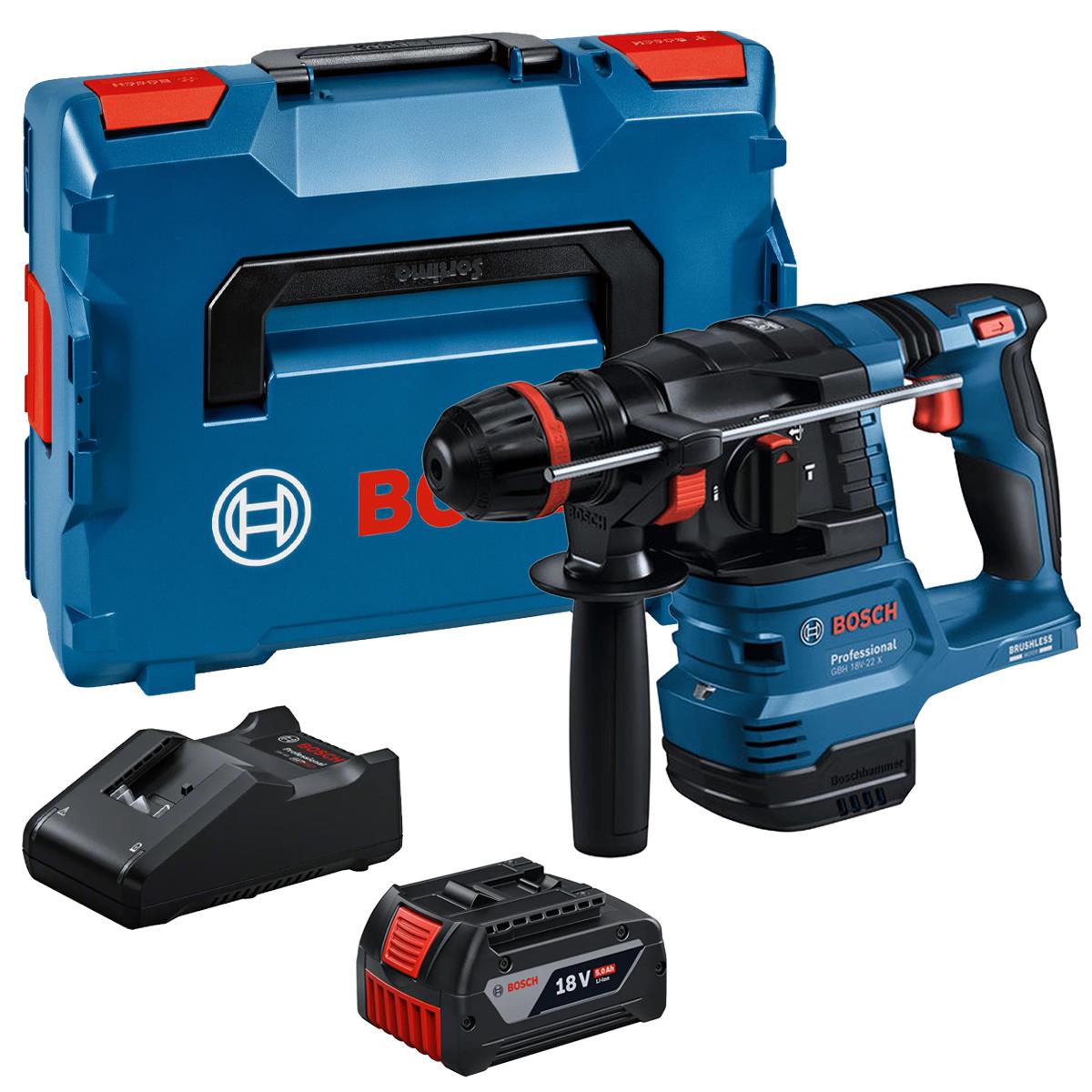 Bosch GBH 18V-22 X 18V Brushless SDS+ Rotary Hammer with 1 x 5.0Ah Battery, Charger & Case