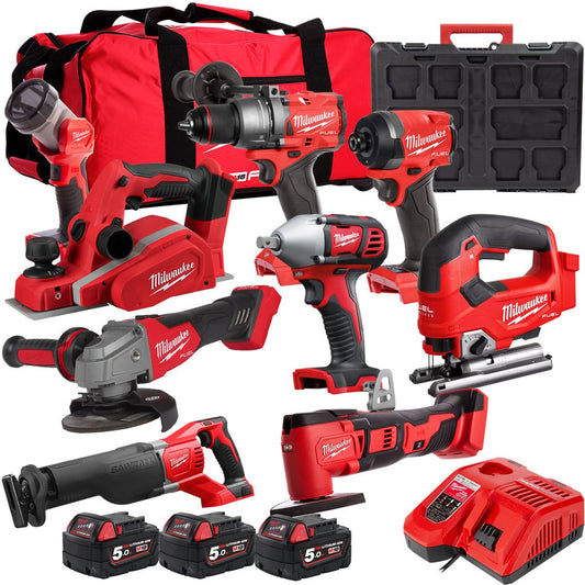 Milwaukee 18V 9 Piece Power Tool Kit with 3 x 5.0Ah Batteries T4TKITM-102