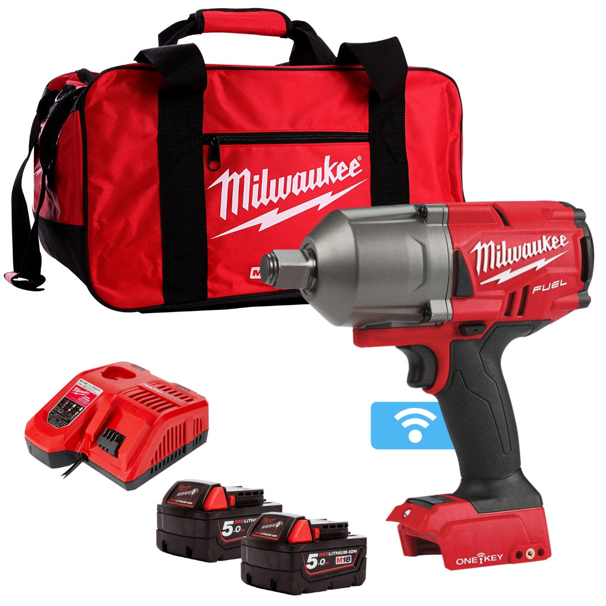 Milwaukee M18ONEFHIWF34-502B 18V FUEL 3/4" Impact Wrench with 2 x 5.0Ah Battery Charger & 3/4" Socket Set