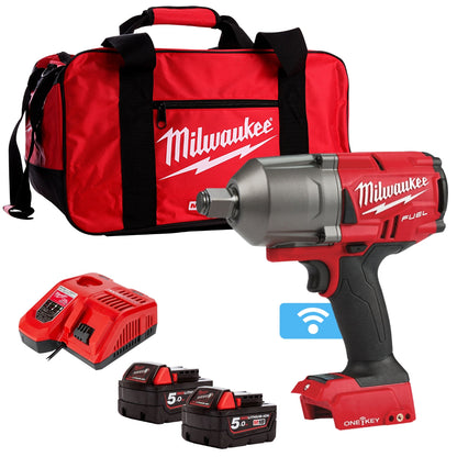 Milwaukee M18ONEFHIWF34-502B 18V FUEL 3/4" Impact Wrench with 2 x 5.0Ah Battery Charger & 3/4" Socket Set