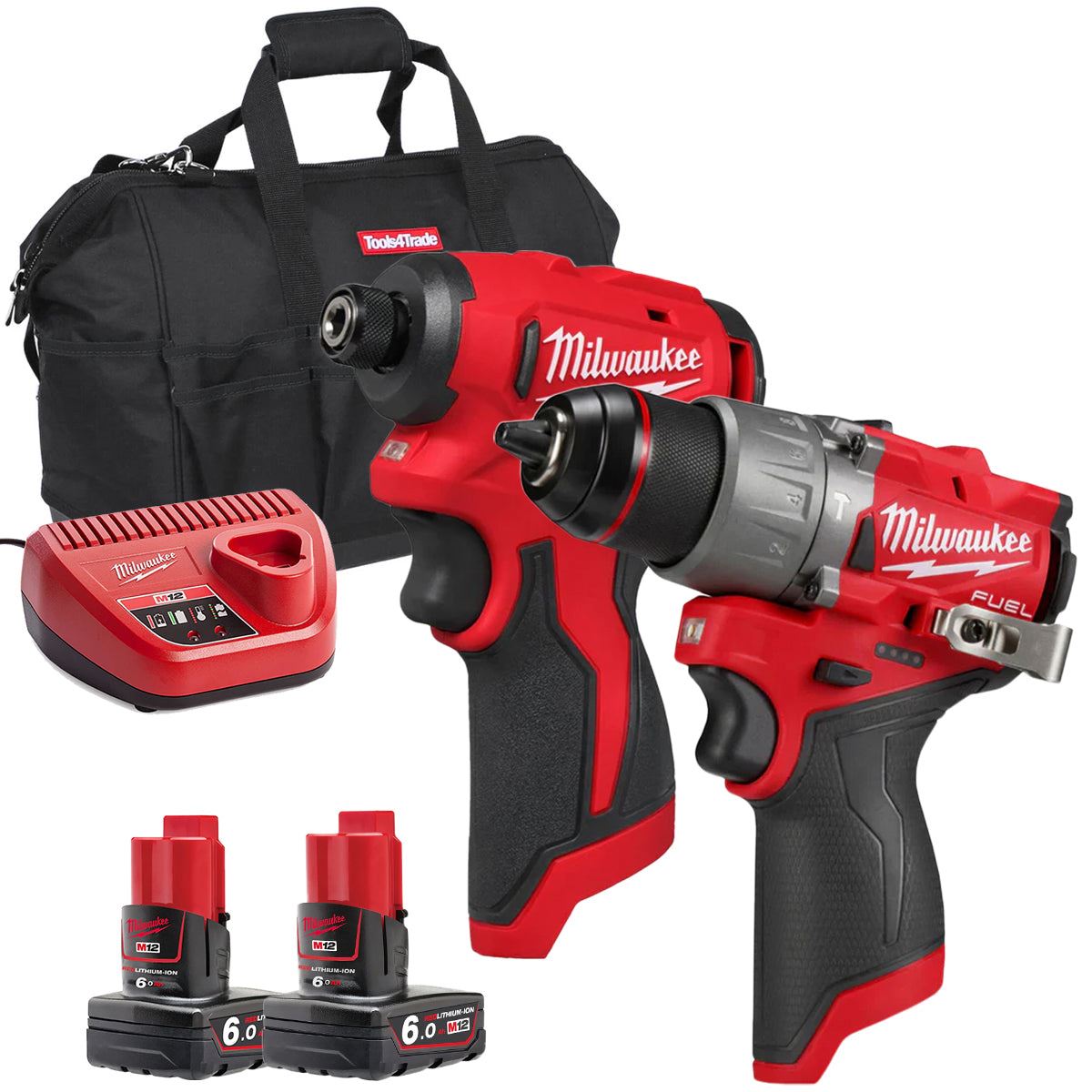 Milwaukee 12V Brushless Combi Drill + Impact Driver Twin Kit with 2 x 6.0Ah Battery Charger & Bag