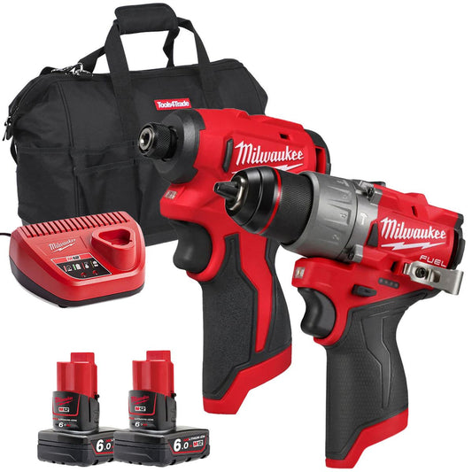 Milwaukee 12V Brushless Combi Drill + Impact Driver Twin Kit with 2 x 6.0Ah Battery Charger & Bag