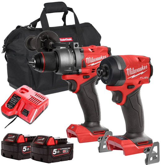 Milwaukee 18V Fuel Brushless Impact Driver and Combi Drill with 2 x 5.0Ah Battery Charger & Bag