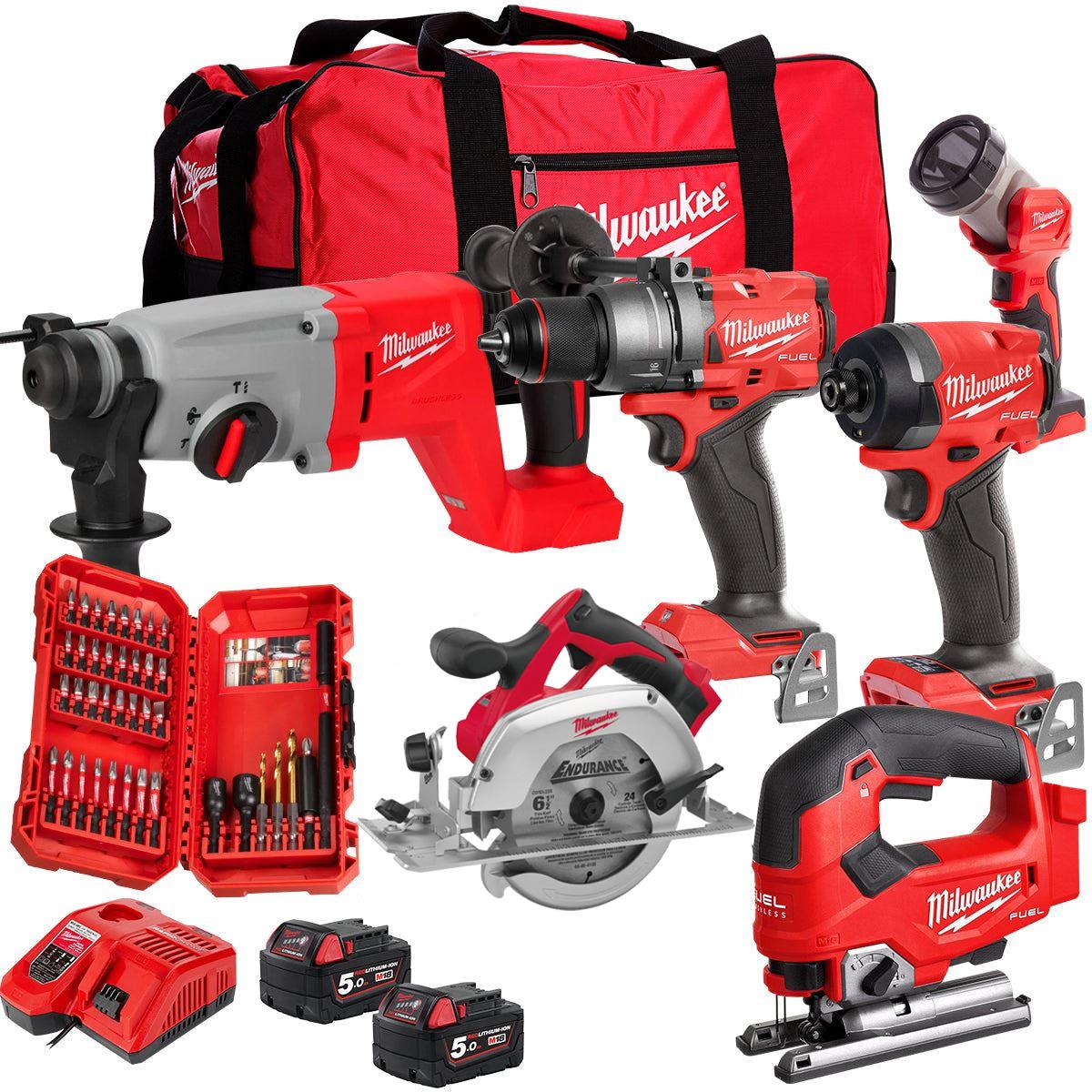 Milwaukee 18V 6 Piece Kit with 2 x 5.0Ah Batteries Charger & 40 Accessory Set T4TKIT-32235