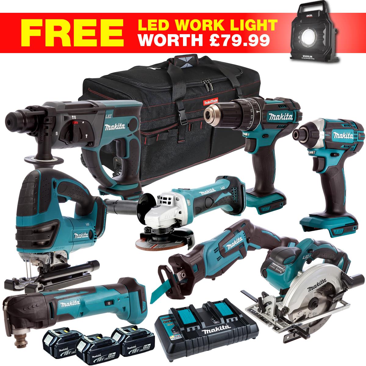 Makita 18V 9 Piece Combo Kit with 3 x 5.0Ah Batteries & Charger T4TKIT-27803