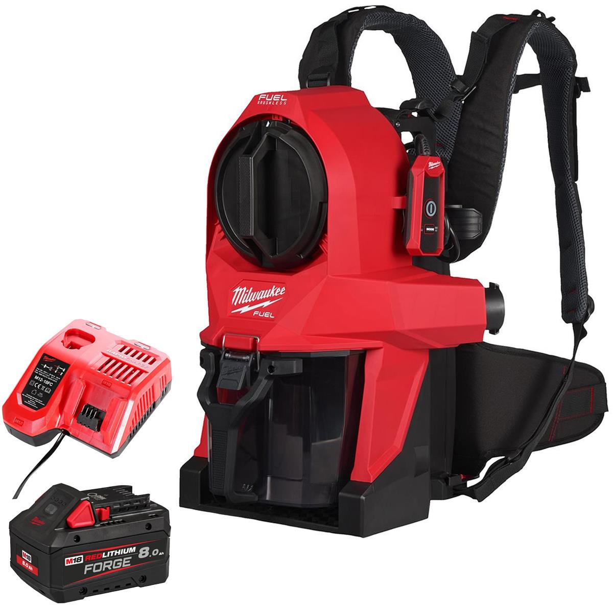 Milwaukee M18FBPV2-0 18V M18 Brushless Backpack Vacuum with 1 x 8.0Ah Battery & Charger