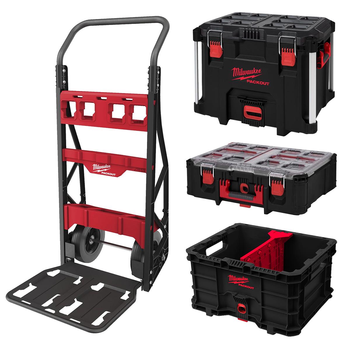Milwaukee Packout 2 Wheeled Cart with Crate, Divider, XL Tool Box & Deep Organiser