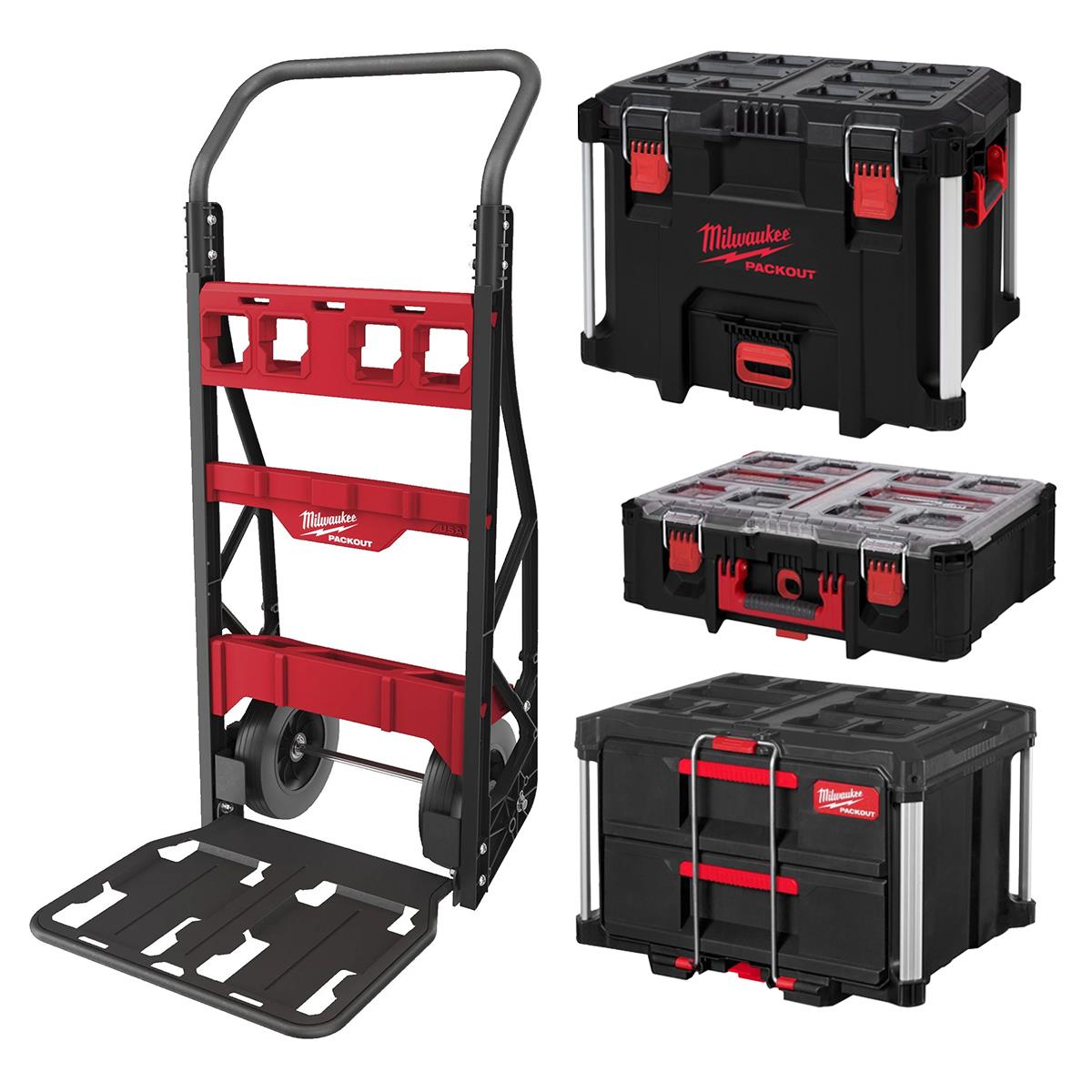 Milwaukee Packout 2 Wheeled Cart with XL Tool Box, 2 Drawer Tool Box & Deep Organiser