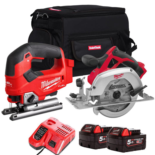 Milwaukee 18V Twin Pack Brushless 165mm Circular Saw + Jigsaw with 2 x 5.0Ah Battery Charger & Bag