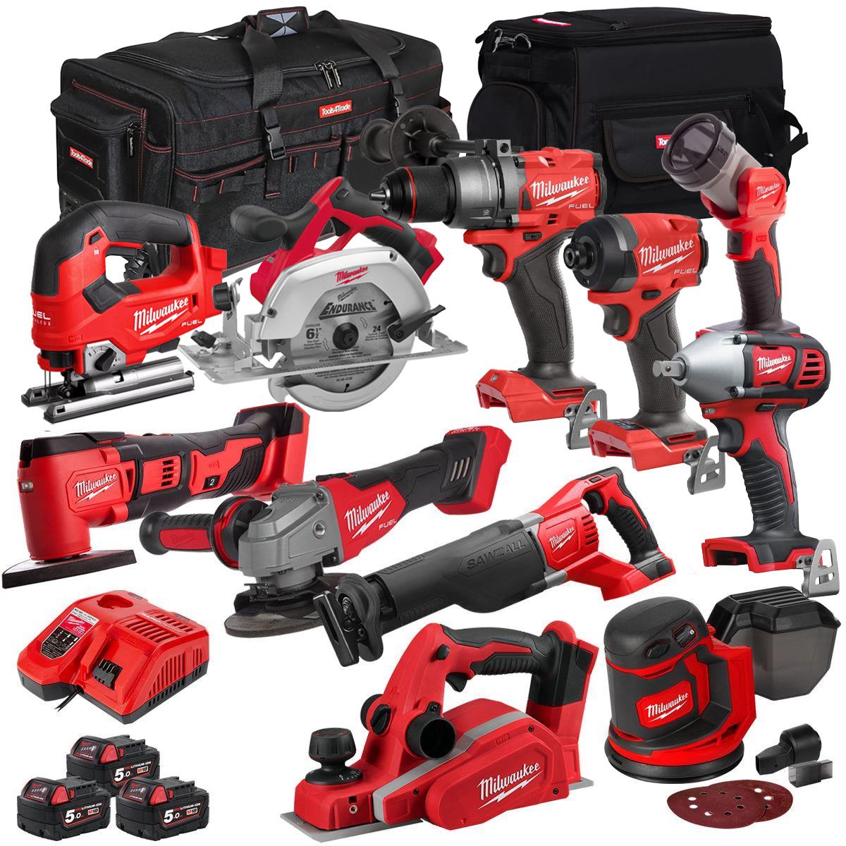 Milwaukee 18V 11 Piece Power Tool Kit with 3 x 5.0Ah Batteries T4TKITM-77