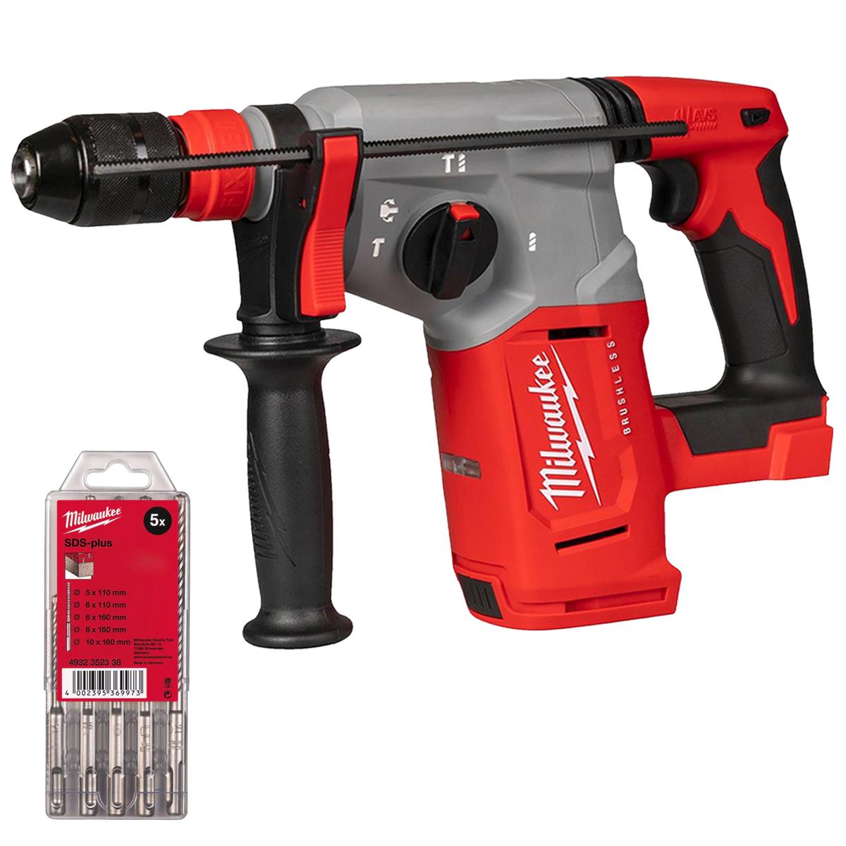 Milwaukee M18BLHX-0 18V Brushless 4-Mode SDS+ Hammer Drill With 5 Piece Drill Bit Set