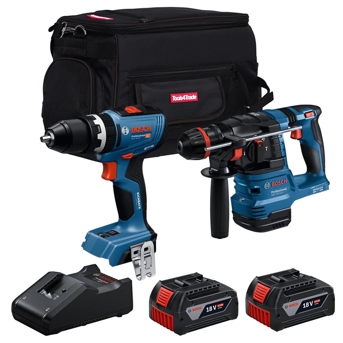 Bosch 18V Brushless Hammer Drill & Combi Drill with 2 x 4.0Ah Battery Charger & Bag T4TKIT-28118 - Tool Supplier